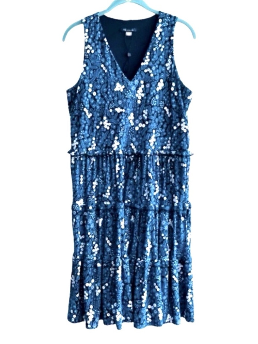 Tommy Hilfiger Sleeveless Tiered Dress Ditsy Floral V-neck Shift Blue Size 6